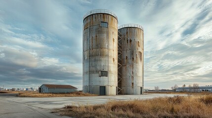 Vertical Industrial Tanks for Chemical Liquid Storage Against a Dramatic Sky and Surrounding Grasslands