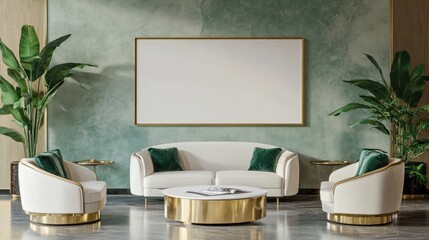Elegant modern living room featuring stylish furniture, green accents, and a serene background