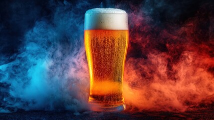 Refreshing Pint of Beer in Dramatic Smoke with Orange and Blue Background