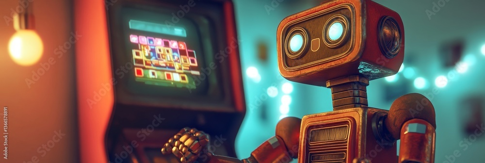 Poster robot plays arcade game illuminated by bulb