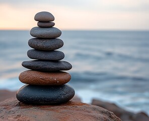 Stack of smooth, rounded stones in gray and brown on a sea background