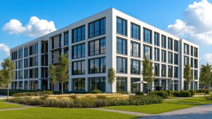 Modern office building with landscaping
