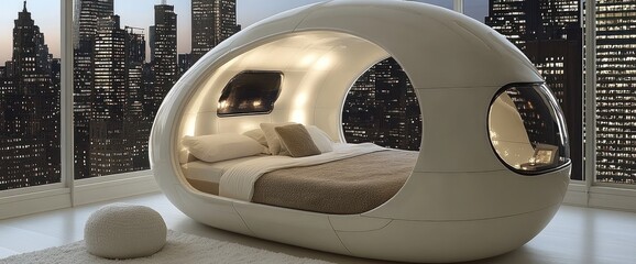 Futuristic Egg Bed in Urban Setting