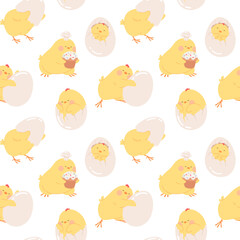 Easter chicks seamless pattern. Happy Easter background with cute newborn yellow chicks vector illustration for invitations, banner, gift wrapping, wallpaper, kids' textiles, packaging, greeting card.