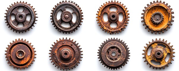 Rusty gears arrangement workshop photography industrial top view