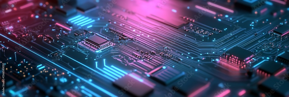 Poster glowing motherboard with intricate circuits and pathways.