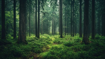 Fototapeta premium A Dense Forest With Tall Green Trees Growing Closely Together
