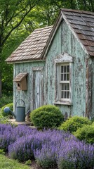 Quaint garden shed with lavender