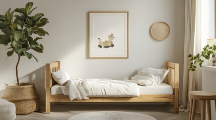 Cozy children's room featuring a wooden bed with white bedding, a playful cow illustration on the wall, and greenery