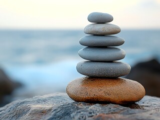 Stack of smooth, rounded stones in gray and brown on a sea background