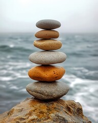Stack of smooth, rounded stones in gray and brown on a sea background