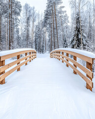 Snowy wooden bridge in winter forest
