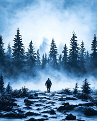 Fototapeta premium Solitary figure walking through a winter forest