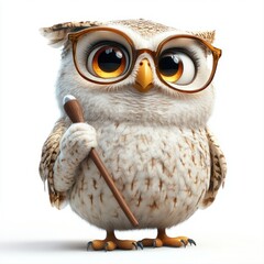Obraz premium Wise owl wearing glasses and holding wooden stick