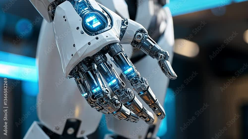 Aufkleber futuristic robotic hand with glowing elements in a tech space