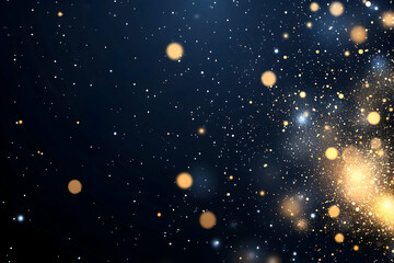 Fototapeta premium Sparkly background with gold, blurry particles on dark blue to black