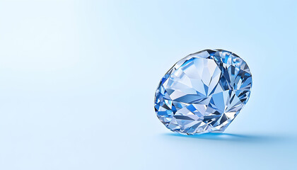 Sparkly gem sits on soft blue backdrop with many reflective facets under a cool light