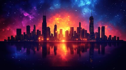 Obraz premium Cityscape with vibrant sunset reflection on water