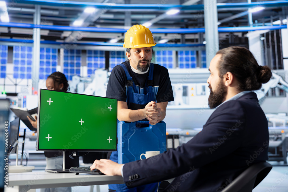Aufkleber photovoltaics factory manager using green screen pc to show worker how to optimize production flow. 