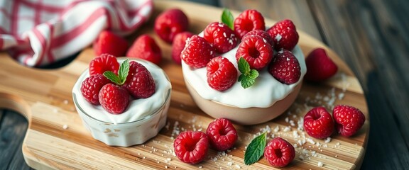 Summer healthy dessert with raspberries and yogurt on the cutting board Banner format