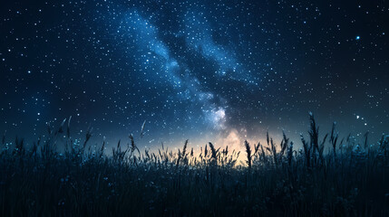 Fototapeta premium The stars shine brightly above a meadow illuminated by the soft luminescence of the milky way, landscape, serene. Serene Luminescence. Illustration