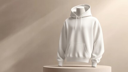 A minimalistic display of a white hoodie on a neutral pedestal, showcasing its texture and design in soft lighting