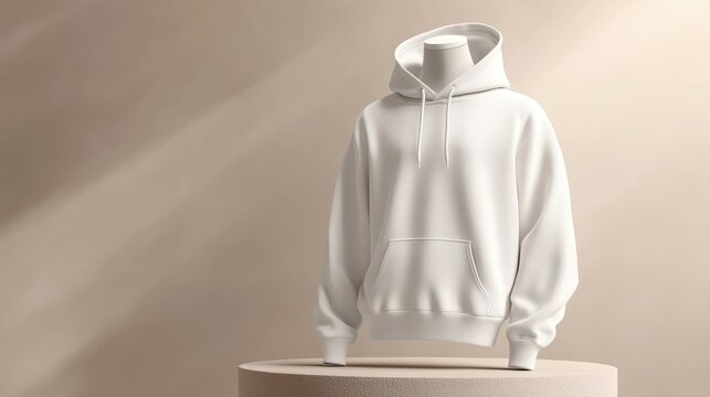 A minimalistic display of a white hoodie on a neutral pedestal, showcasing its texture and design in soft lighting