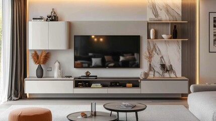 Modern living room interior featuring sleek furniture, a large TV, decorative plants, and subtle lighting ambiance