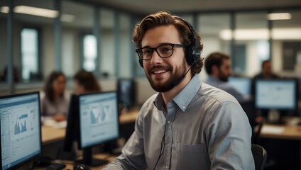 Obraz premium Smiling Support: A cheerful customer service representative, immersed in his work environment, embodies helpfulness. The image radiates professionalism and competence