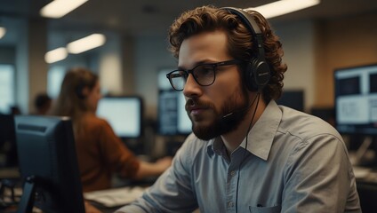 Obraz premium Focused Support: A portrait captures a man at work in a modern office environment, focused on his computer screen while wearing headphones.