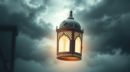 Intricate lantern radiates warm glow amidst stormy clouds above