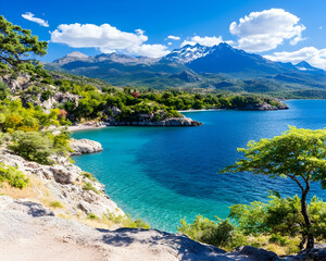 Fototapeta premium Sunny coastal landscape with clear turquoise water, rocky shores, lush greenery, and majestic snow-capped mountains in the background