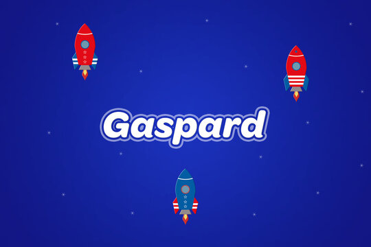 Gaspard male boy name illustration in blue with rockets.