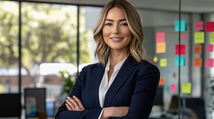 Confident Businesswoman in Modern Office Setting with Colorful Sticky Notes