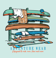 Vector illustration of kayaks, boats and surfboards. Free and casual style art for t-shirt prints, posters and other uses.