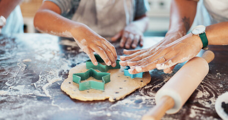Hands, kitchen and child with parents, baking and helping kid with ingredients, bonding and...