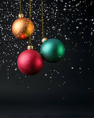 Three hanging ornaments, red, green, gold, falling snow, dark background
