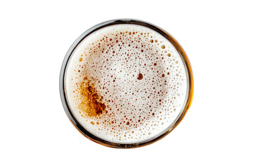 A top-down view of a glass of beer with frothy foam set against a transparent background