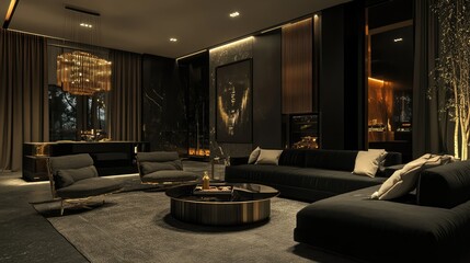 Modern luxury living room with elegant furnishings, dim lighting, and a view of the city skyline at night