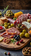 Charcuterie board with various meats, cheeses, and olives.