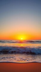 Obraz premium Golden sunset over tranquil ocean waves, soft sand, sun, scenic, tropical
