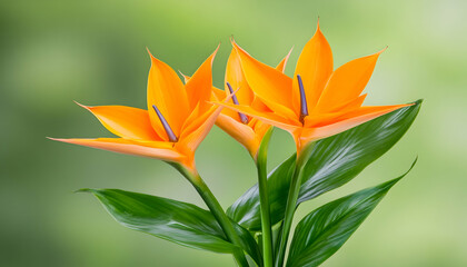 Three vibrant orange exotic flowers with lush green leaves against a blurred green background