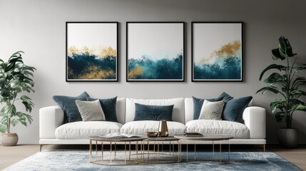 Modern living room showcasing three abstract paintings above a plush sofa with decorative cushions and plants
