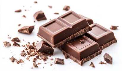 Stacked chocolate bars with broken pieces on white background