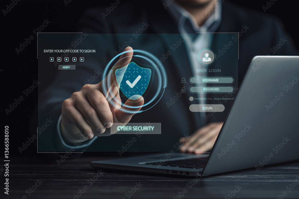 Poster a business professional operates an advanced cybersecurity interface, ensuring robust data protectio