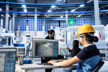 Photovoltaics facility worker reviewing efficiency metrics on computer, interpreting trends to...