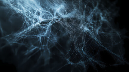 Eerie spiderwebs in dark room with faint light - halloween background. Gossamer Shadows. Illustration