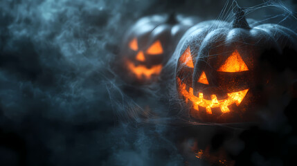 Naklejka premium Ethereal autumn scene jackolanterns floating in misty darkness gossamer cobwebs glistening eerie shadows cast on deep black backdrop atmospheric halloween still life. Gossamer Shadows. Illustration