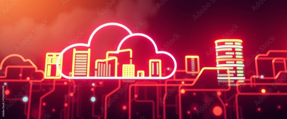 Poster cloud computing data base technology concept with glowing neon structures on a dark banner illustrat