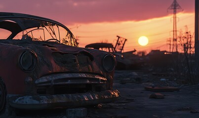 A desolate scene featuring a rusty old car at sunset
